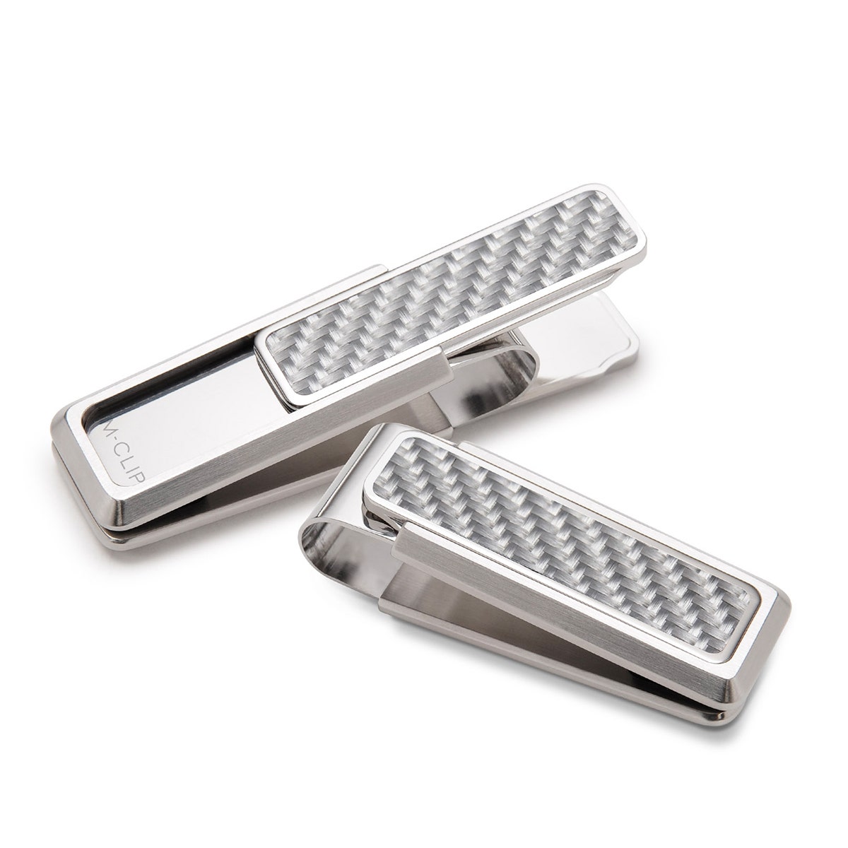 brushed finish stainless steel money clip with white carbon fiber inlay