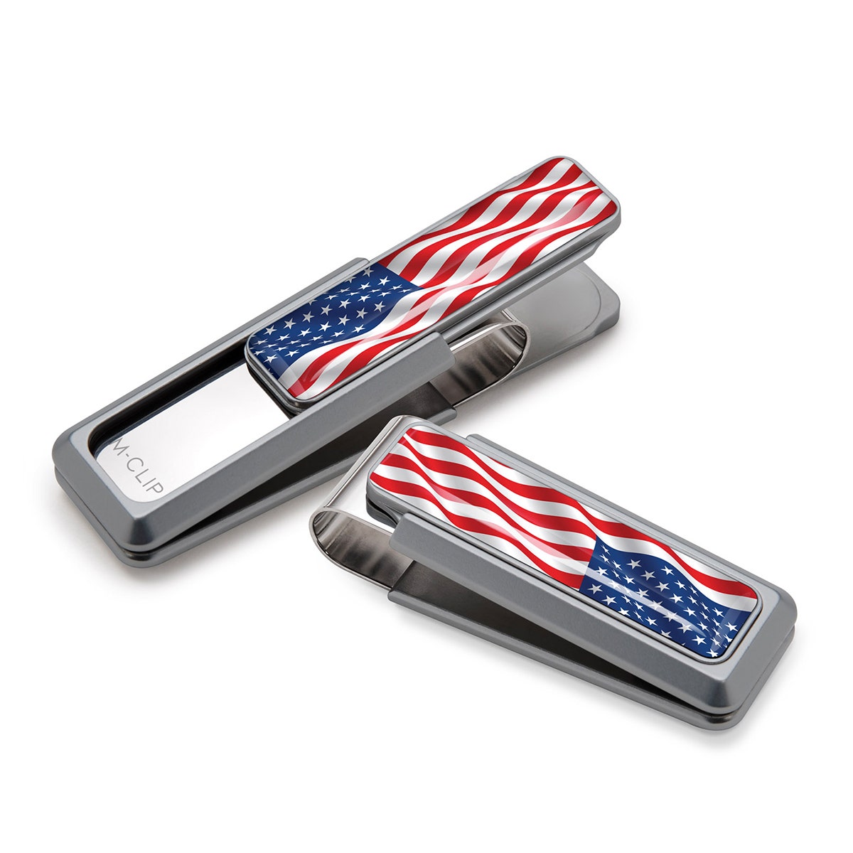 gray aluminum money clip with American flag inly and stainless steel spring